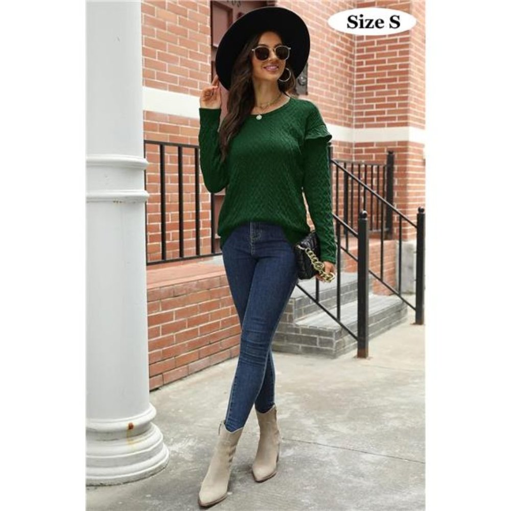 Womens Crew Neck Ruffle Long Sleeve Cable Knit Sweaters Casual, Dark Green